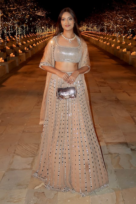 Vvani By Vani Vats Beige Georgette, Satin, Organza Linear Pattern Embellished Bridal Lehenga Set