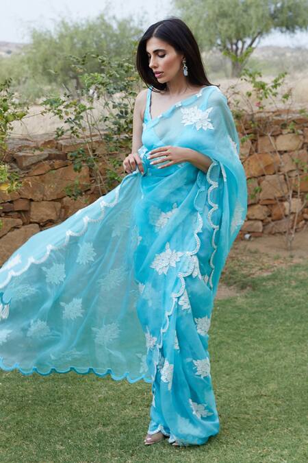 Shop_Vvani By Vani Vats_Blue Organza, Satin, Lycra Applique, Hand Scallop Hem Saree With Blouse _Online_at_Aza_Fashions