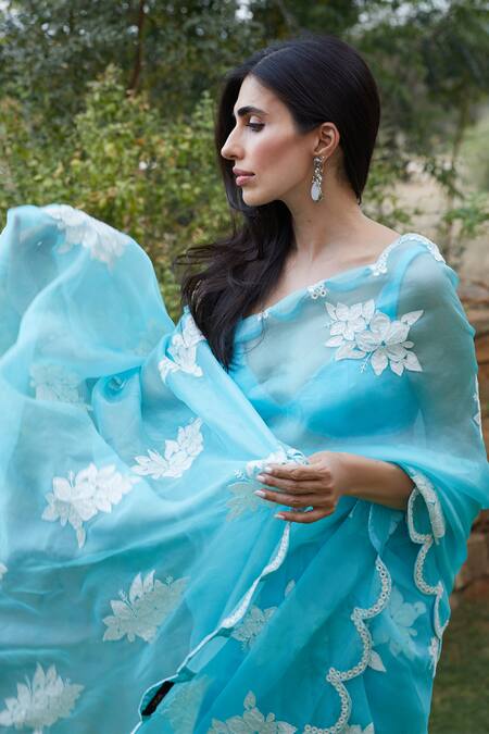 Vvani By Vani Vats_Blue Organza, Satin, Lycra Applique, Hand Scallop Hem Saree With Blouse _at_Aza_Fashions