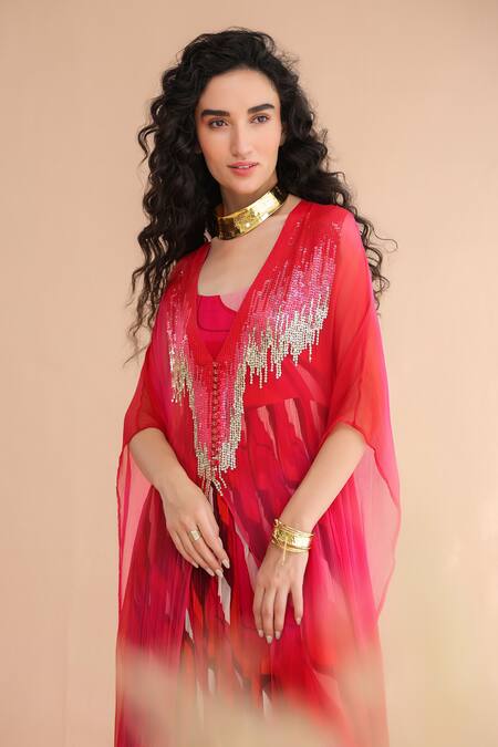 Pallavi Jaipur_Red Chiffon Sequins, Embroidery V-neck Rose And Pink Bling Kaftan With Dress _Online_at_Aza_Fashions