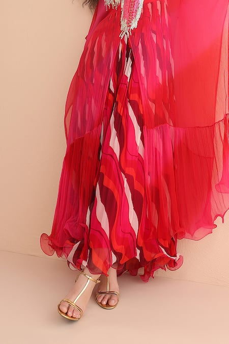 Buy_Pallavi Jaipur_Red Chiffon Sequins, Embroidery V-neck Rose And Pink Bling Kaftan With Dress _Online_at_Aza_Fashions