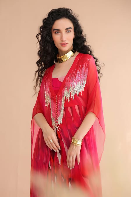 Pallavi Jaipur_Fuchsia Chiffon Sequins, Embroidery V-neck Rose And Pink Bling Kaftan _Online_at_Aza_Fashions
