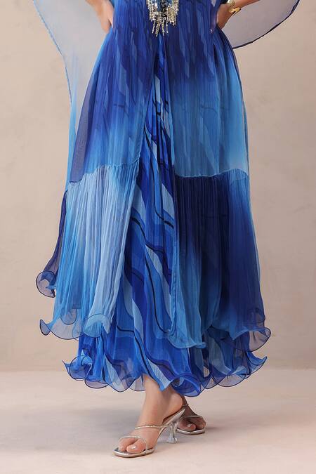 Pallavi Jaipur_Blue Chiffon Sequins V-, Square Amber And Ocean Bling Kaftan With Dress _Online_at_Aza_Fashions