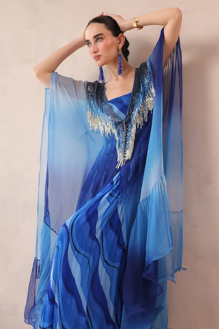 Shop_Pallavi Jaipur_Blue Chiffon Sequins V-, Square Amber And Ocean Bling Kaftan With Dress _Online_at_Aza_Fashions