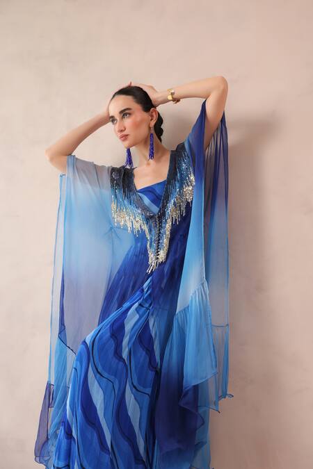 Pallavi Jaipur_Blue Chiffon Sequins V-, Square Amber And Ocean Bling Kaftan With Dress _at_Aza_Fashions