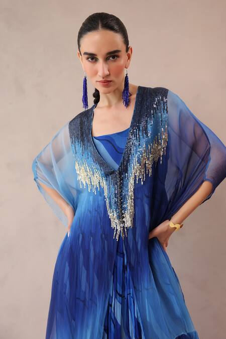 Pallavi Jaipur_Blue Chiffon Sequins, Embroidery V-neck Amber And Ocean Bling Kaftan _Online_at_Aza_Fashions