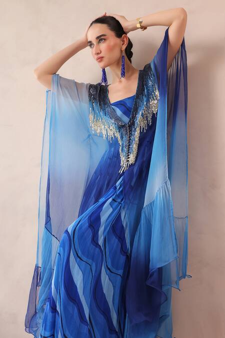 Buy_Pallavi Jaipur_Blue Chiffon Sequins, Embroidery V-neck Amber And Ocean Bling Kaftan _Online_at_Aza_Fashions