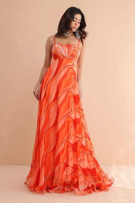 Pallavi Jaipur_Orange Chiffon Sequins, Embroidery Sweetheart Neck Vitamin Sea Corset Maxi Dress _at_Aza_Fashions