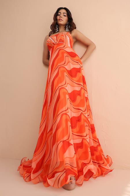 Buy_Pallavi Jaipur_Orange Chiffon Sequins, Embroidery Sweetheart Neck Vitamin Sea Corset Maxi Dress 