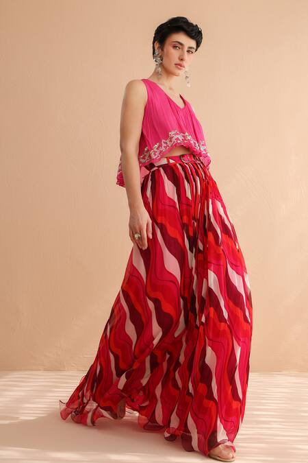 Buy_Pallavi Jaipur_Fuchsia Crepe, Chiffon Embroidery, Collar Boho Top With Lehar Print Skirt _Online_at_Aza_Fashions