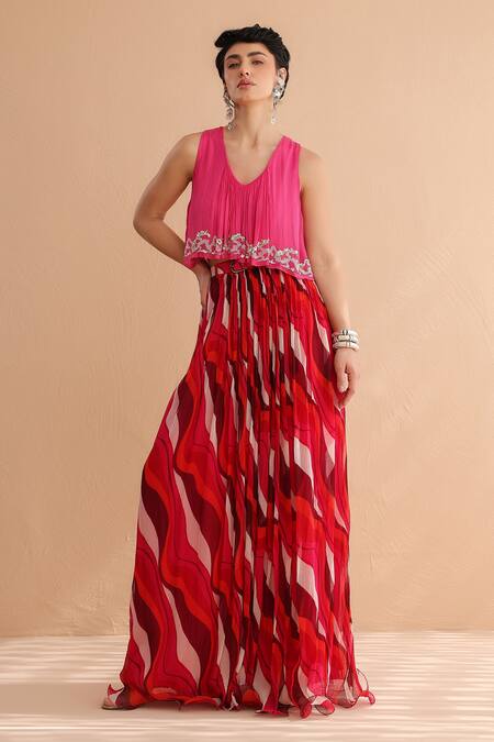 Pallavi Jaipur_Fuchsia Crepe, Chiffon Embroidery, Collar Boho Top With Lehar Print Skirt _at_Aza_Fashions