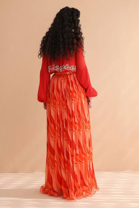 Pallavi Jaipur Coral Collar Boho Top With Lehar Print Skirt Set 