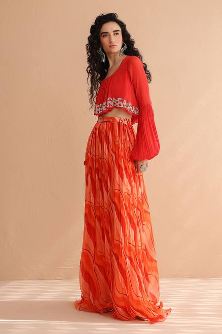 Pallavi Jaipur Coral Crepe, Chiffon Sequins, Beads, Collar Boho Top With Lehar Print Skirt Set Online at Aza Fashions Pallavi Jaipur_Coral Crepe, Chiffon Sequins, Beads, Collar Boho Top With Lehar Print Skirt Set _Online_at_Aza_Fashions