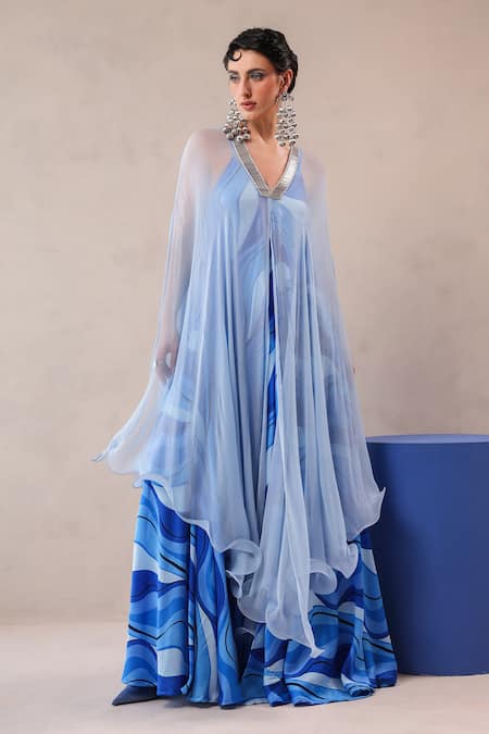 Pallavi Jaipur_Sky Blue Silk V-neck High Cape And Dress Set _Online_at_Aza_Fashions