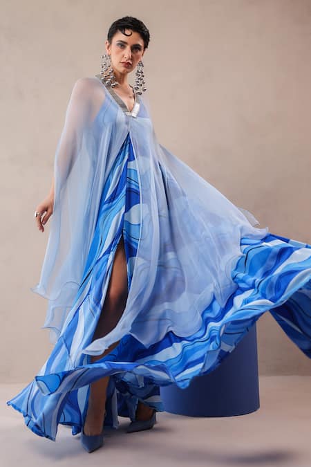 Buy_Pallavi Jaipur_Sky Blue Silk V-neck High Cape And Dress Set _Online_at_Aza_Fashions