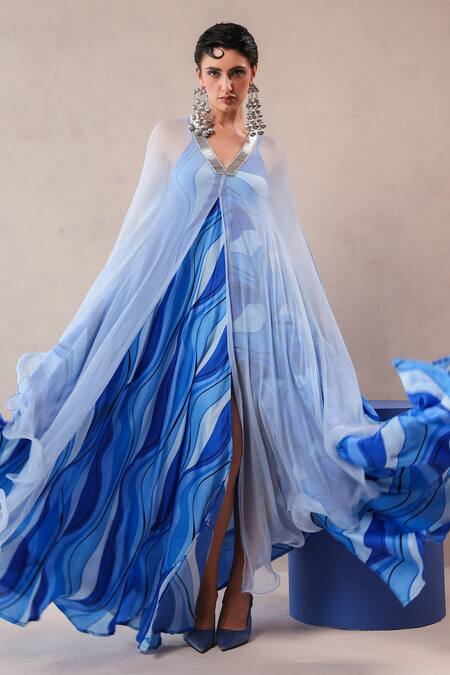 Shop_Pallavi Jaipur_Sky Blue Silk V-neck High Cape And Dress Set _Online_at_Aza_Fashions