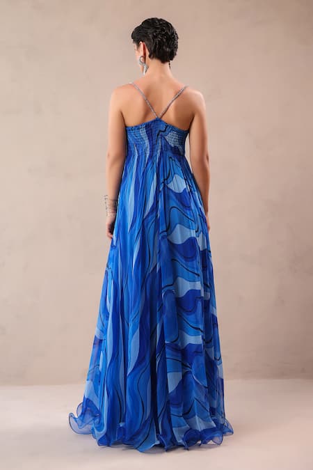 Shop_Pallavi Jaipur_Blue Chiffon Embroidery, Beads Sweetheart Neck California Atlantic Maxi Dress _at_Aza_Fashions