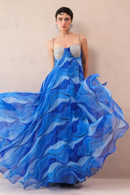 Buy_Pallavi Jaipur_Blue Chiffon Embroidery, Beads Sweetheart Neck California Atlantic Maxi Dress _Online_at_Aza_Fashions