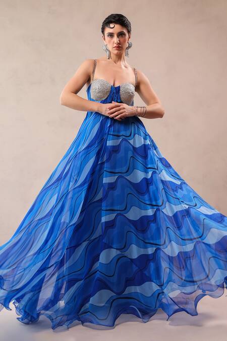 Shop_Pallavi Jaipur_Blue Chiffon Embroidery, Beads Sweetheart Neck California Atlantic Maxi Dress _Online_at_Aza_Fashions