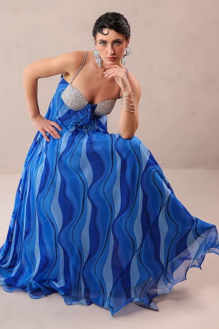 Buy_Pallavi Jaipur_Blue Chiffon Embroidery, Beads Sweetheart Neck California Atlantic Maxi Dress 