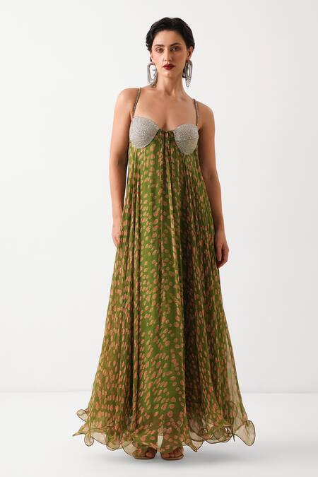 Buy_Pallavi Jaipur_Green Chiffon Beads Sweetheart Neck Kal Katta Maxi Dress _Online_at_Aza_Fashions