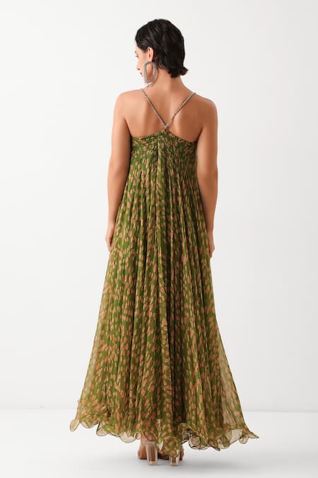 Shop_Pallavi Jaipur_Green Chiffon Beads Sweetheart Neck Kal Katta Maxi Dress _at_Aza_Fashions