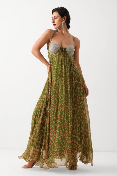 Shop_Pallavi Jaipur_Green Chiffon Beads Sweetheart Neck Kal Katta Maxi Dress _Online_at_Aza_Fashions