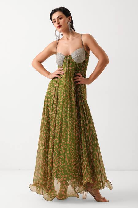 Pallavi Jaipur_Green Chiffon Beads Sweetheart Neck Kal Katta Maxi Dress _at_Aza_Fashions