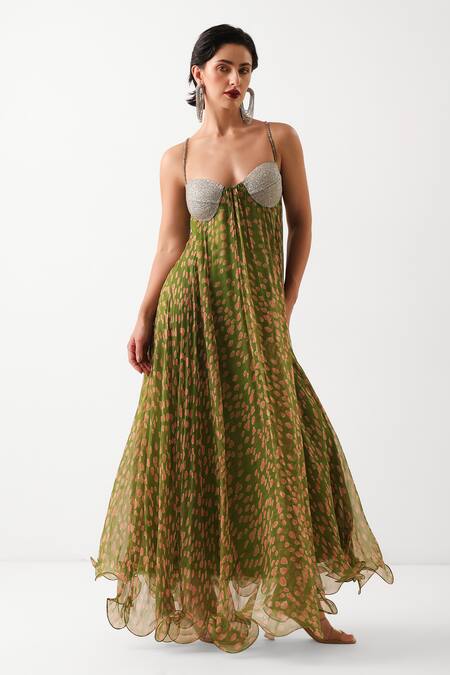 Shop_Pallavi Jaipur_Green Chiffon Beads Sweetheart Neck Kal Katta Maxi Dress 