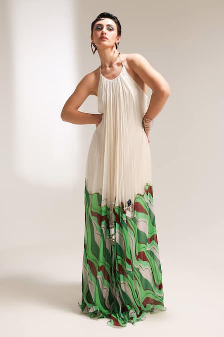 Buy_Pallavi Jaipur_Ivory Chiffon Mirrors, Sequins, Embroidery Halter Neck La Bling Dress _Online_at_Aza_Fashions