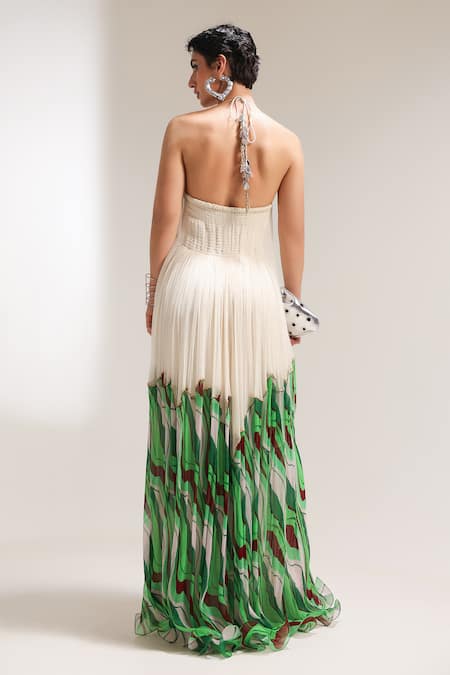 Shop_Pallavi Jaipur_Ivory Chiffon Mirrors, Sequins, Embroidery Halter Neck La Bling Dress _at_Aza_Fashions