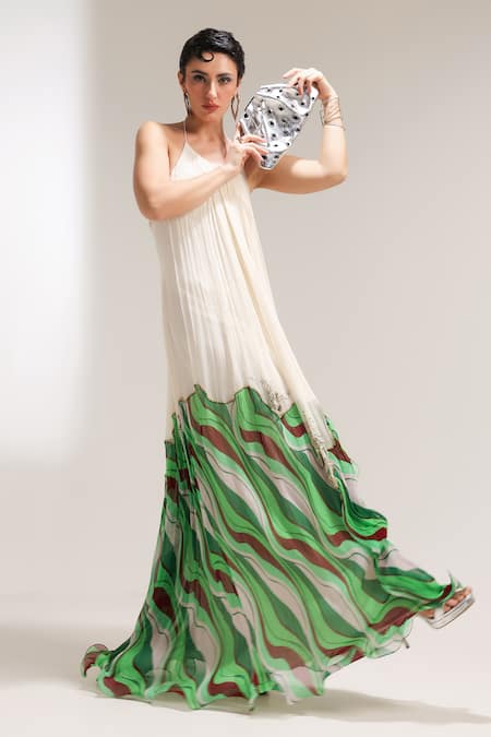 Shop_Pallavi Jaipur_Ivory Chiffon Mirrors, Sequins, Embroidery Halter Neck La Bling Dress _Online_at_Aza_Fashions