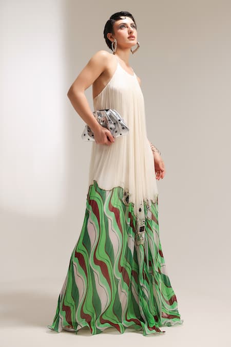 Pallavi Jaipur_Ivory Chiffon Mirrors, Sequins, Embroidery Halter Neck La Bling Dress _at_Aza_Fashions