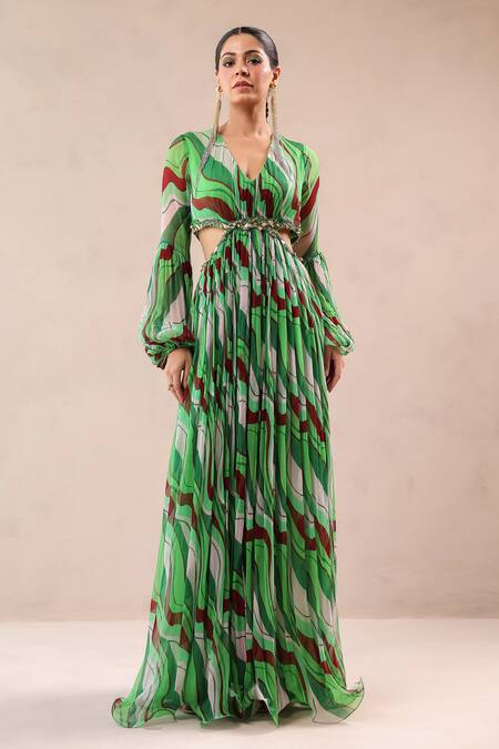 Pallavi Jaipur_Green Chiffon Beads, Embroidery V-neck Queen Peekaboo Waist Line Dress _Online_at_Aza_Fashions