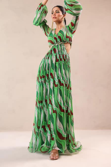 Buy_Pallavi Jaipur_Green Chiffon Beads, Embroidery V-neck Queen Peekaboo Waist Line Dress _Online_at_Aza_Fashions