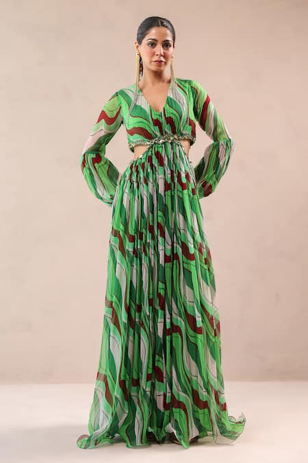 Pallavi Jaipur Green Chiffon Beads, Embroidery V-neck Queen Peekaboo Waist Line Dress 
