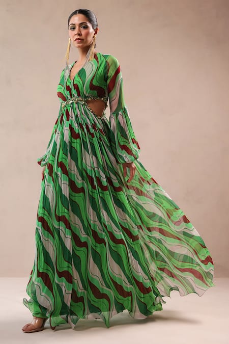 Shop Pallavi Jaipur Green Chiffon Beads, Embroidery V-neck Queen Peekaboo Waist Line Dress Online at Aza Fashions Shop_Pallavi Jaipur_Green Chiffon Beads, Embroidery V-neck Queen Peekaboo Waist Line Dress _Online_at_Aza_Fashions