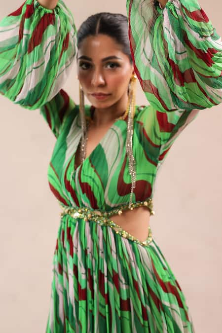 Pallavi Jaipur_Green Chiffon Beads, Embroidery V-neck Queen Peekaboo Waist Line Dress _at_Aza_Fashions