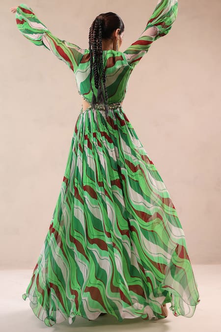 Shop_Pallavi Jaipur_Green Chiffon Beads, Embroidery V-neck Queen Peekaboo Waist Line Dress _at_Aza_Fashions