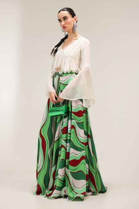 Pallavi Jaipur_Ivory Crepe, Silk Embroidery, Mirrors Top And Forest Green Lehar Print Skirt Set _Online_at_Aza_Fashions