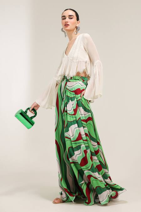 Buy_Pallavi Jaipur_Ivory Crepe, Silk Embroidery, Mirrors Top And Forest Green Lehar Print Skirt Set _Online_at_Aza_Fashions