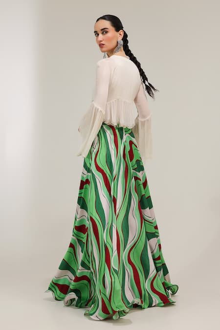 Shop_Pallavi Jaipur_Ivory Crepe, Silk Embroidery, Mirrors Top And Forest Green Lehar Print Skirt Set _at_Aza_Fashions