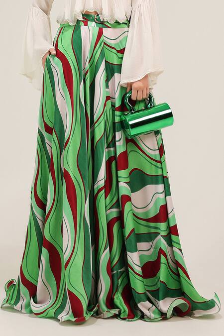 Shop Pallavi Jaipur Ivory Crepe, Silk Embroidery, Mirrors Top And Forest Green Lehar Print Skirt Set Online at Aza Fashions Shop_Pallavi Jaipur_Ivory Crepe, Silk Embroidery, Mirrors Top And Forest Green Lehar Print Skirt Set _Online_at_Aza_Fashions