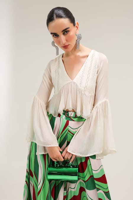 Pallavi Jaipur_Ivory Crepe, Silk Embroidery, Mirrors Top And Forest Green Lehar Print Skirt Set _at_Aza_Fashions
