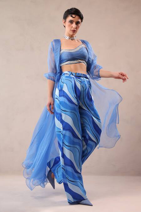 Pallavi Jaipur_Blue Organza, Chanderi, Silk Ocean Sheer Jacket And Lehar Print Pant Set _Online_at_Aza_Fashions