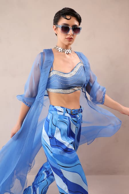 Buy_Pallavi Jaipur_Blue Organza, Chanderi, Silk Ocean Sheer Jacket And Lehar Print Pant Set _Online_at_Aza_Fashions
