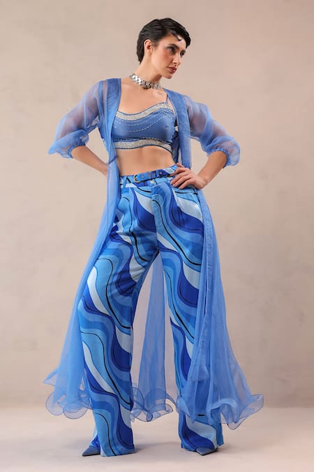 Shop Pallavi Jaipur Blue Organza, Chanderi, Silk Ocean Sheer Jacket And Lehar Print Pant Set Online at Aza Fashions Shop_Pallavi Jaipur_Blue Organza, Chanderi, Silk Ocean Sheer Jacket And Lehar Print Pant Set _Online_at_Aza_Fashions