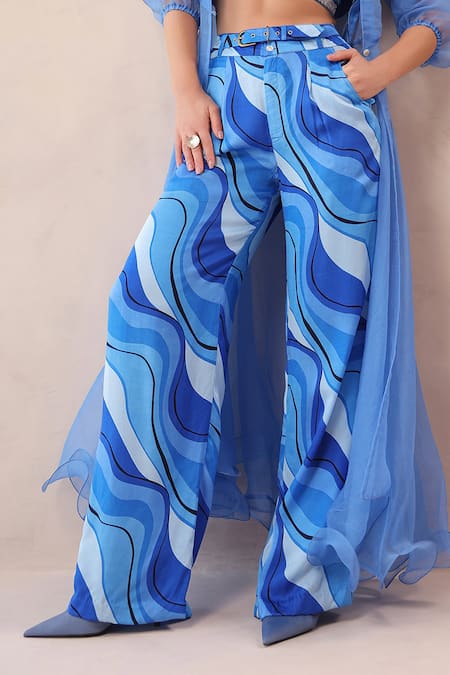 Buy Pallavi Jaipur Blue Organza, Chanderi, Silk Ocean Sheer Jacket And Lehar Print Pant Set Buy_Pallavi Jaipur_Blue Organza, Chanderi, Silk Ocean Sheer Jacket And Lehar Print Pant Set