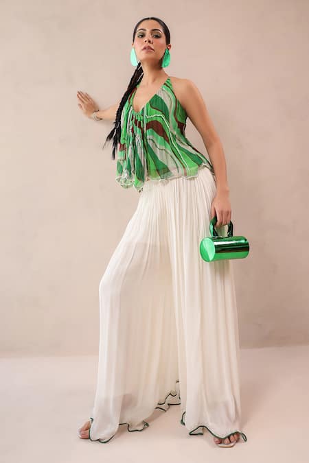 Pallavi Jaipur Green Chiffon, Crepe Embroidery, Stones Halter Vegas Top With Ivory Palazzo 