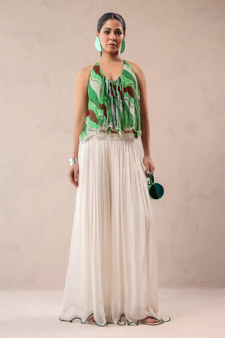 Pallavi Jaipur Green Chiffon, Crepe Embroidery, Stones Halter Vegas Top With Ivory Palazzo Online at Aza Fashions Pallavi Jaipur_Green Chiffon, Crepe Embroidery, Stones Halter Vegas Top With Ivory Palazzo _Online_at_Aza_Fashions